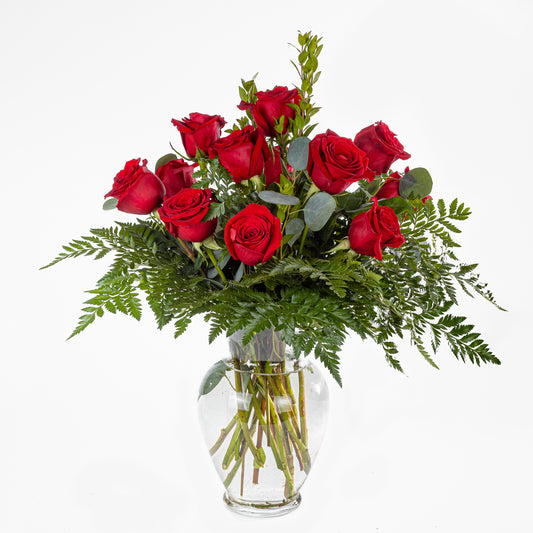 12 long stem rose bouquet designed by Clippings at the Miller House